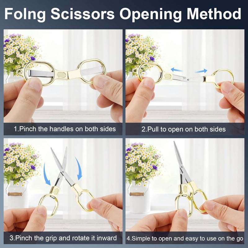 BSADIY 2 Pcs Folding Stainless Steel Portable Mini Small Travel Scissors, Safety Foldable Pocket Badge Nursing Scissors with 2 Keychain for Travel, Home, Office, Craft, Sewing (Gold) - Image 4